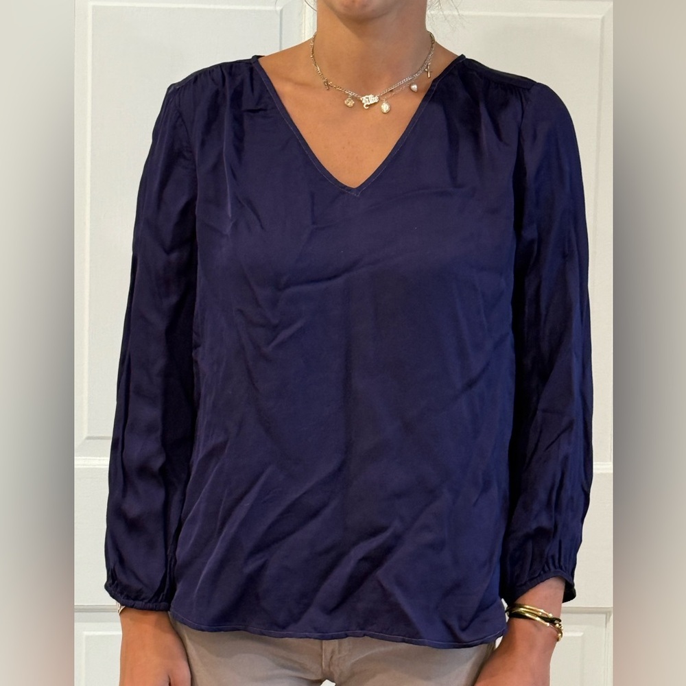 Velvet Deep Blue V-Neck Blouse